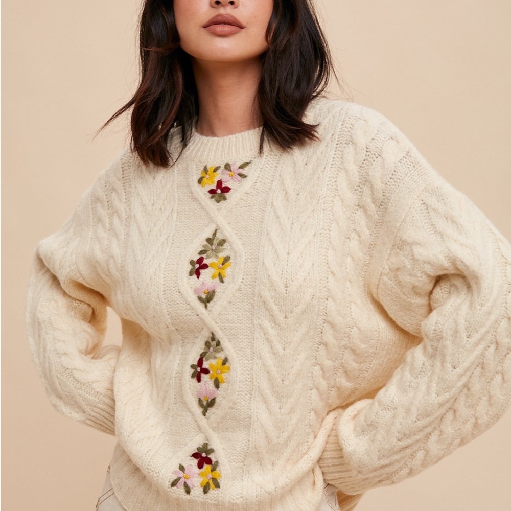 New Floral Embroidered Vanilla Cream Sweater - Picture 7 of 13